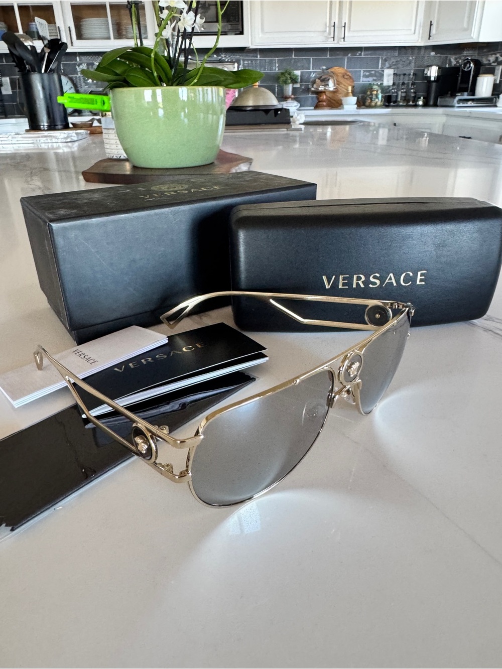 Versace Gold Frame Sunglasses with Silver Gradient Lenses
